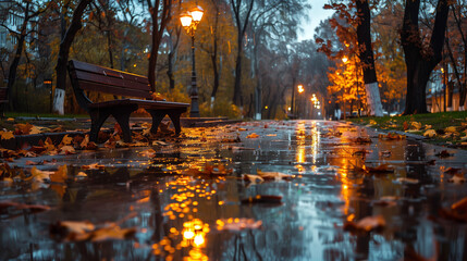 Autumn rain creates a beautiful reflection on the wet pavement. A moody, rainy autumn scene with a bench, street lights, and fallen leaves reflecting in the wet pavement