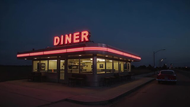 A classic diner glowing at twilight with neon signs for an inviting vibe
