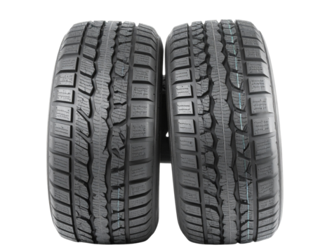 Stacked Snow Tires with Bold Tread Pattern, Front View Close-Up, Isolated PNG