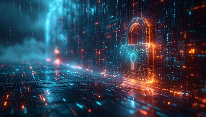 Cybersecurity concept image featuring a glowing digital padlock over data streams. Represents protection against hacking, data breaches, and digital threats. Ideal for IT security themes.
