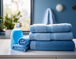 stacked fluffy blue bath towels rolled hand towels and a bottle of laundry detergent resting on a white surface in a modern laundry room with natural light