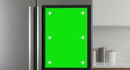 Modern Kitchen Refrigerator with Green Screen Display and Tracking Markers.