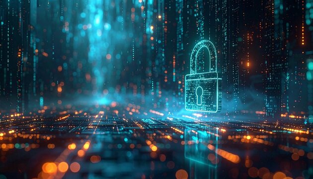 Cybersecurity concept image featuring a glowing digital padlock over data streams. Represents protection against hacking, data breaches, and digital threats. Ideal for IT security themes.