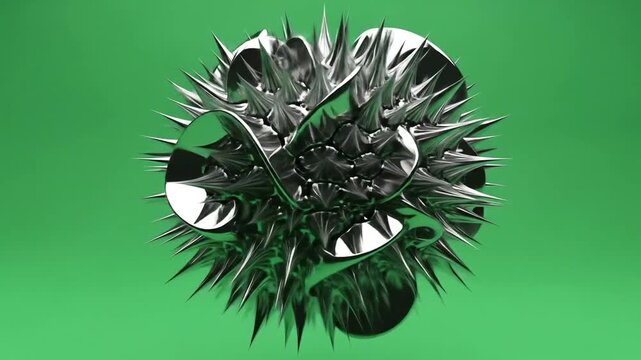 Abstract metallic sphere with intricate spiky design on a solid green background.
