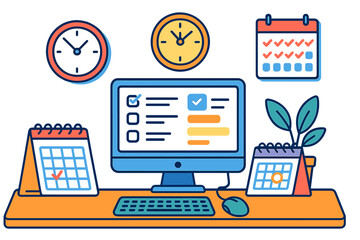 Time management concept. Productivity and planning with computer, calendar, and clock. Office workspace with schedule and to-do list for workflow organization. Vector cartoon.