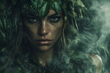 Portrait of a fierce Amazonian woman adorned in a leafy dress, stepping out of a forest shrouded in mist. A sharp gaze looks straight into the camera. Thick tropical foliage, fantasy concept art