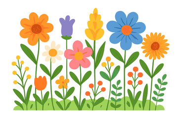 Vector illustration of colorful blooming flowers. Flat cartoon style garden floral set. Cheerful spring and summer nature background. Meadow with diverse beautiful plants.