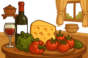 Still life with red wine, cheese and fresh vegetables on a wooden table. Cozy kitchen setting. Farm-to-table concept. Healthy eating. Mediterranean diet. Vector cartoon.