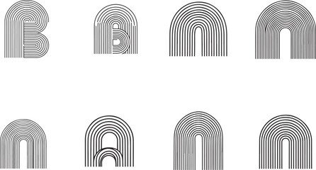 Black abstract arcs and letterforms arch bold