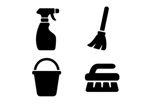 Minimalist cleaning icons set. Essential household tools in bold silhouettes. Vector illustration. Housekeeping service symbols. Spray, broom, bucket, scrub brush. Hygiene.