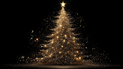 Golden star glitter Christmas tree on black background