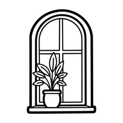 Black and white outline of an arched window with a potted plant vector