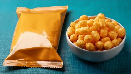 a bowl of cheese puffs next to a sealed bag showcasing a snack option ideal for packaging design or food related content