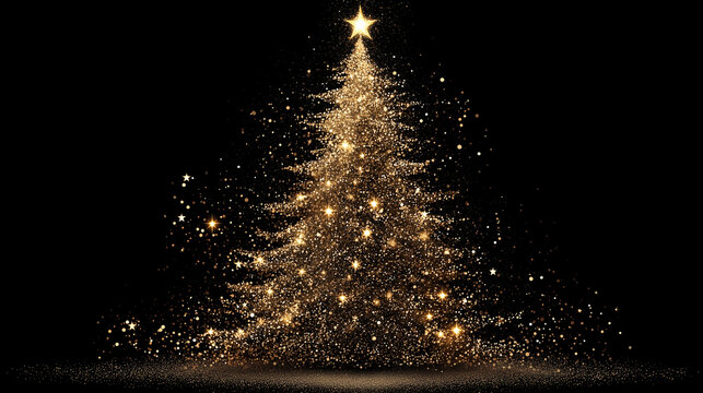 Golden star glitter Christmas tree on black background