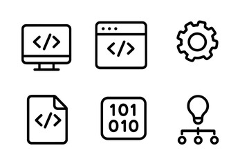 Fototapeta premium Minimalist programming icon set for developers. Clean line art vector icons for software engineering, web development, UI, and UX design. Includes code, binary, and algorithm symbols.