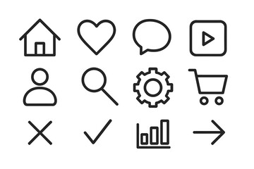 Minimal line icon set for web and app design. User interface outline symbols. Home, like, comment, play, profile, search, settings, cart, cancel, checkmark, stats, arrow.