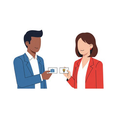 Business partners exchanging ideas and solutions, symbolizing collaboration, innovation, and successful teamwork in a professional setting, ideal for presentations and marketing materials