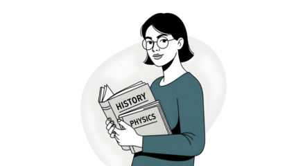 A young woman, dressed casually, holds books on history and physics, suggesting an interest in learning.