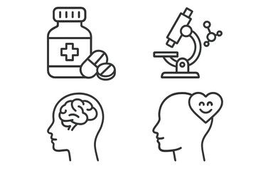 Mental health, wellness and pharmaceutical research icon set. Medicine, psychology concept. Brain, pills, microscope linear icons. Emotional wellbeing, therapy, treatment vector.