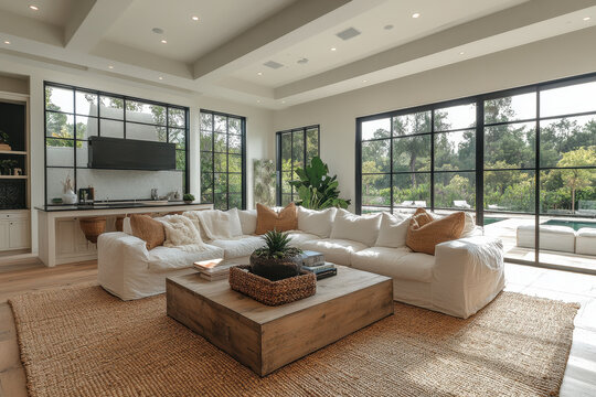 A person sitting on a large couch watching television in a living room.