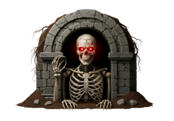 A skeletal figure with glowing red eyes emerges from a stone archway, set against a dark background, creating an eerie and mysterious scene.