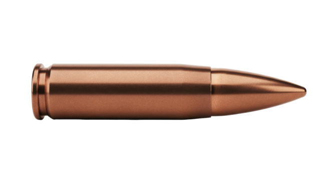 Isolated Bronze Centerfire Rifle Bullet, Cartridge for Military Sniper or Hunting Weapon