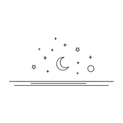 Simple line art crescent moon and stars over horizon night sky