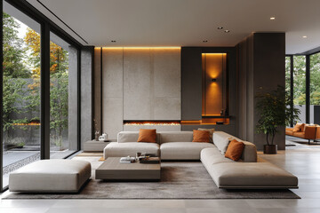 Woman reading book on sleek grey sofa in modern living room with concrete wall and floor.