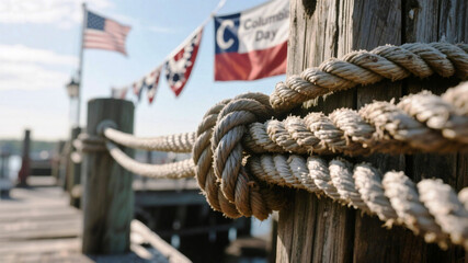 Columbus Day Rustic dockside mooring rope secures a festive waterfront scene with American flags and Columbus Day bunting fluttering in the breeze under a clear sky.