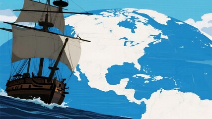 Columbus Day Majestic tall ship sails across vast ocean against a stylized globe depicting North and Central America, symbolizing exploration and global reach.
