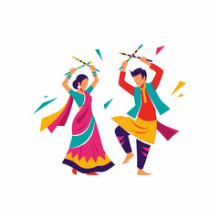 Vibrant Dandiya Dance Illustration Celebrating Navratri Festival with Joyful Couple.