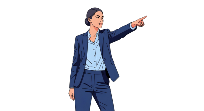 Confident businesswoman pointing, directing, leadership, illustration.