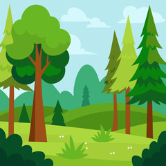 Forest landscape with trees and grass in cartoon style green natural vector background.
