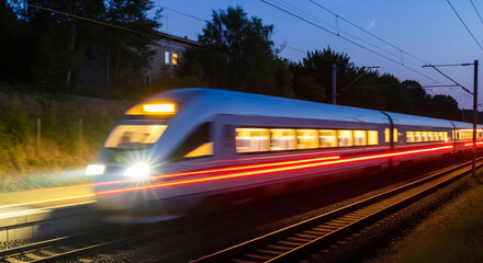 Fototapeta premium High-speed train in motion at dusk, with light trails. A dynamic, long-exposure shot of a modern high-speed passenger train traveling at night, creating striking red and white light trails 