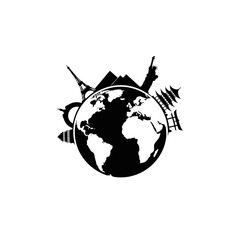 World Travel Landmarks Silhouette - Eiffel Tower, Pyramids, Statue of Liberty, Pagoda.