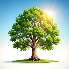 Full vibrant tree, lush green leaves, sunlight, bright sky