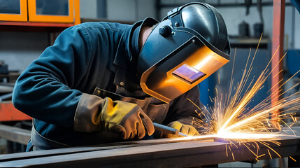 A detailed view of a welder fabricating metal structures in a workshop, Metal fabrication scene, Industrial welding style