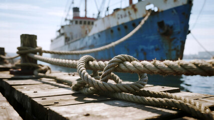 Columbus Day Thick nautical rope secures a weathered blue cargo ship to a rustic wooden dock, evoking maritime adventure and industrial port scenes with a classic, timeless feel.