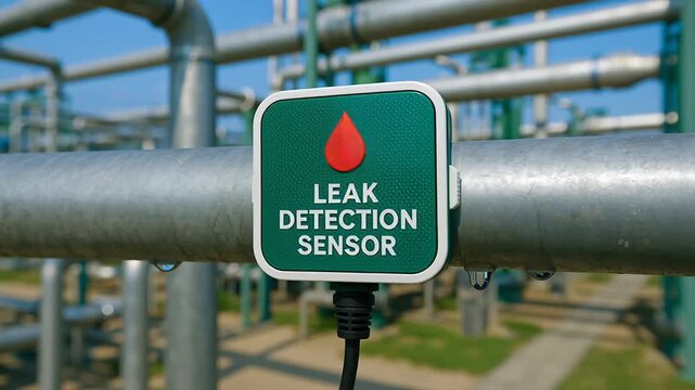 Leak detection sensor attached metal pipe sustainable industrial area ensuring safety efficiency environmental protection preventing water drop loss