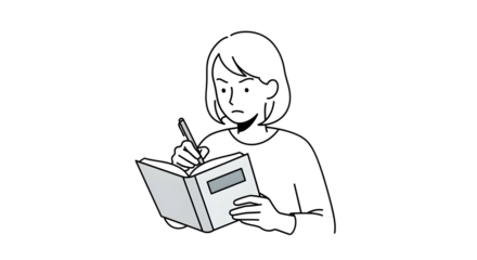 A person with short hair concentrates on writing in an open notebook, pen in hand.