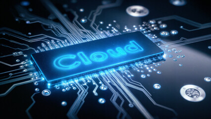 Cloud computing glowing luminous letters on futuristic dark circuit board technology