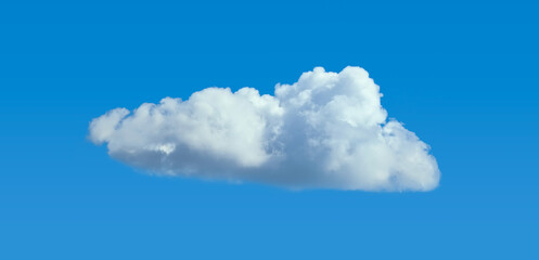 Cumulus cloud isolated against a blue sky. Neat shape of flying vapor. Dynamic, variable soft particle system. Remote computer calculations.
