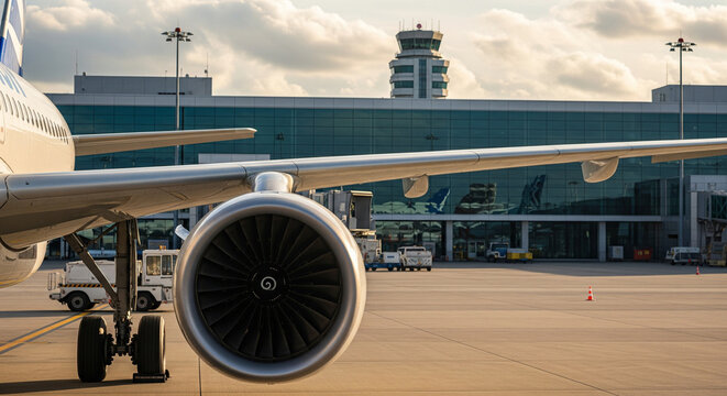 Commercial Airliner on Tarmac at a Modern Airport Terminal.
This close-up shot captures the powerful engine and wing of a commercial airliner, grounded on the tarmac in front of a modern, glass-panel
