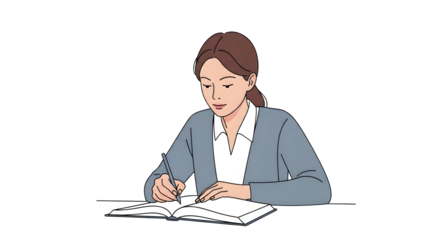 A woman with brown hair writing in an open notebook, focused and engaged at a desk.