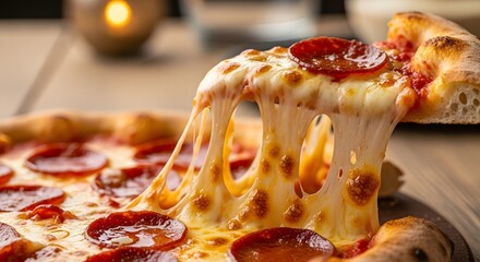 Delicious pepperoni pizza being pulled apart, showcasing melted cheese and toppings on a wooden table