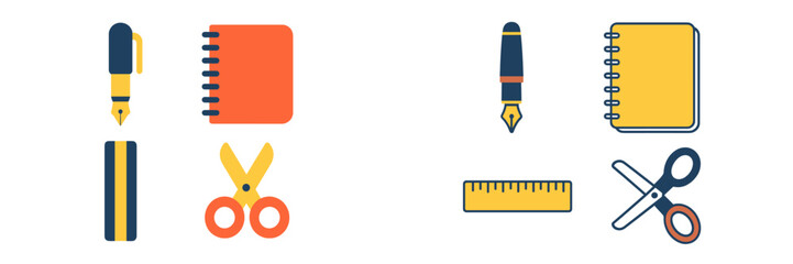 Collection of school and office supplies featuring fountain pens, spiral notebooks, rulers, and scissors