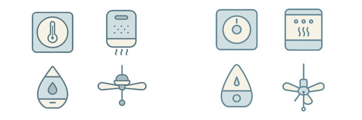 Modern home climate control and air quality appliance icons set for temperature, humidity, and air movement