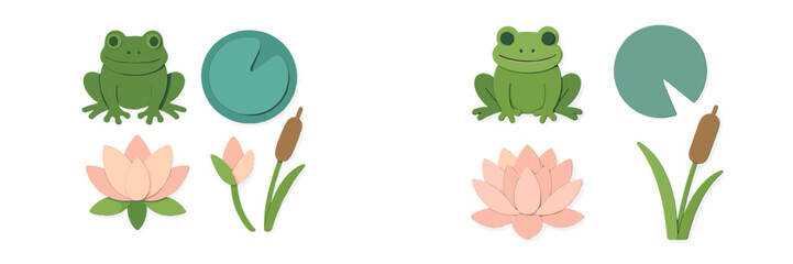 Stylized pond life elements featuring green frogs, pink lotus flowers, teal lily pads, and brown cattails
