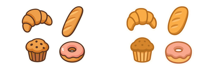 Assortment of delicious breakfast pastries including croissants, baguettes, muffins, and donuts on white background