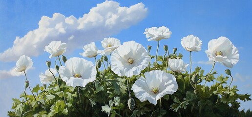 White Poppy Field Under a Bright Blue Sky with Fluffy Clouds Oil Painting